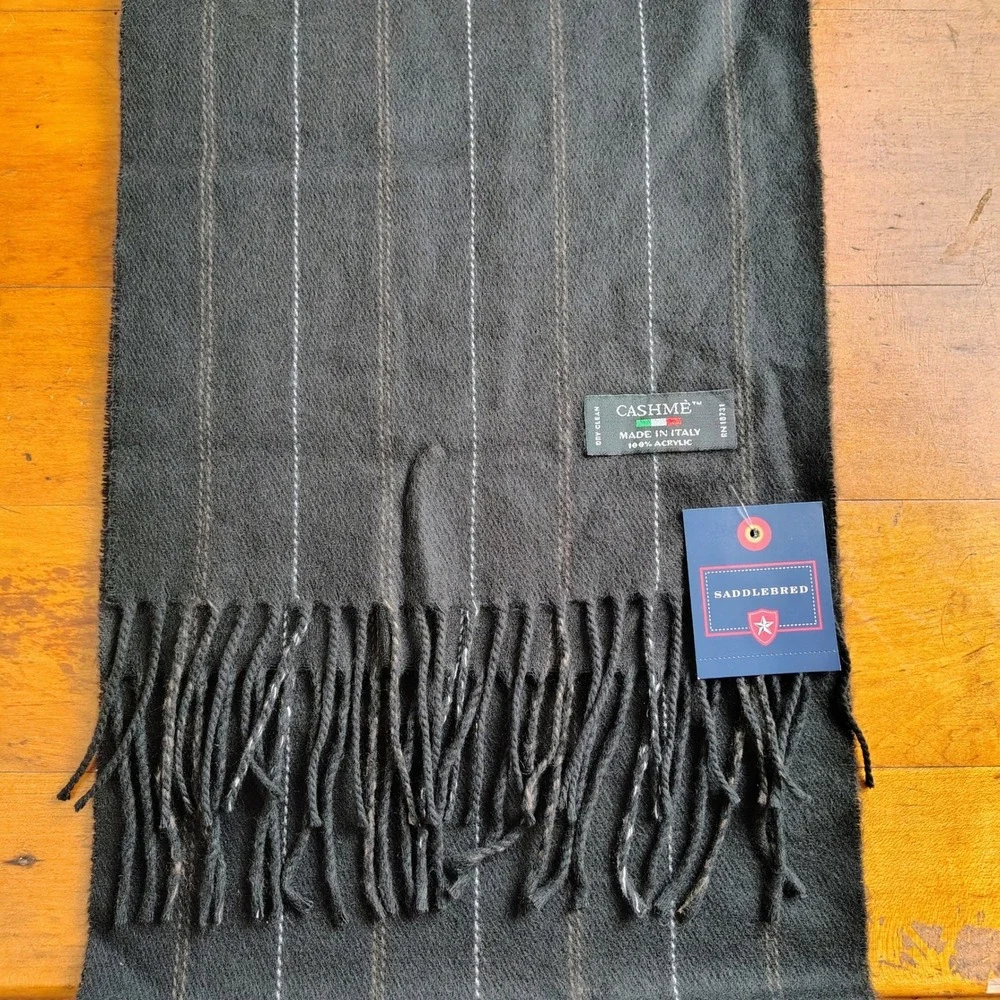 Saddlebred Mens Scarf Charcoal Grey Pinstripe Made in Italy Cashme Soft Acrylic